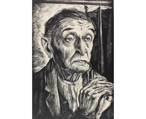 Heiderich, Arnold: (1901 im bad. Schwarzwald - ?). Portrait Josef Gilzinger. Brustbild mit Pfeife. Linolschnitt 1928. 42,7 x 