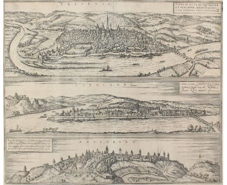 Trier, Koblenz, Rothenburg o.b. Tauber.: 3 Gesamtansichten untereinander auf 1 Bl. Radierung aus Braun &amp; Hogenberg, um 15