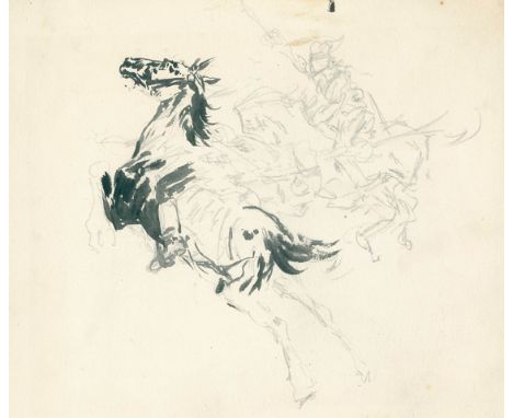 Pferde.: Gezäumtes Pferd mit Decke und Bauchgurt. Bleistiftzeichnung von Ludwig Wolff. 1856. 17 x 27,5 cm. Dat. u. verso sign