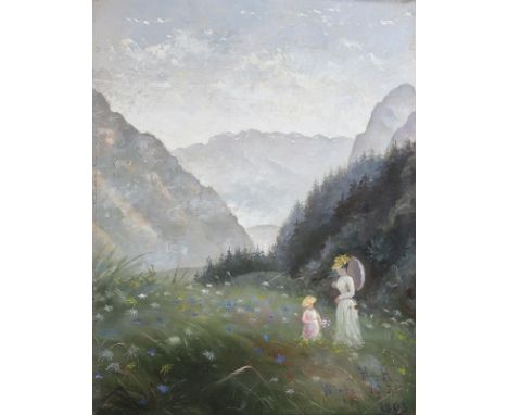 Klöntal.: Blumen pflückendes Kind. Öl auf Lwd., 19. Jhdt. 35 x 27 cm. U.r. monogr. bet. u. dat. mit 20. Juli 1895. Gerahmt.  