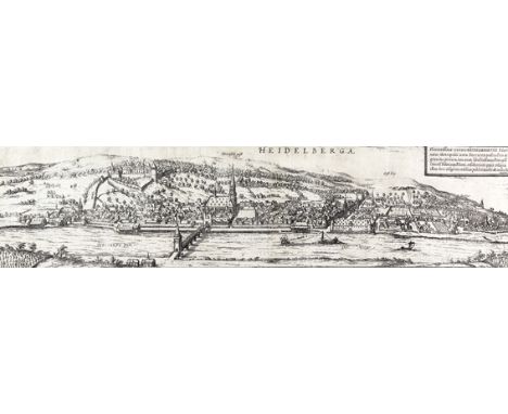 Heidelberg.: "Heidelberga." Gesamtansicht, Blick vom rechten Neckarufer  auf Stadt und Schloss. Radierung aus Braun &amp; Hog