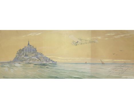 Gamy (d.i. Marguerite Montaut: 19./20. Jh., frz.). Eindecker im Anflug auf Mont St. Michel. Farblithographie bei Mabileau, Pa