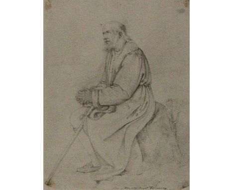 Kaselowsky, August: (1810 Potsdam - Berlin 1891). Sitzender Mönch im Gebet. Bleistiftzeichnung. 1837. 22 x 17 cm. Sign. und d