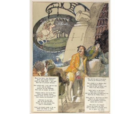 Götz, Ferdinand: (1874 Fürth - Paris 1941). In der Schenke zum Dichterwald. Unt. re. u. li. mit aufkasch., typogr. Gedicht vo