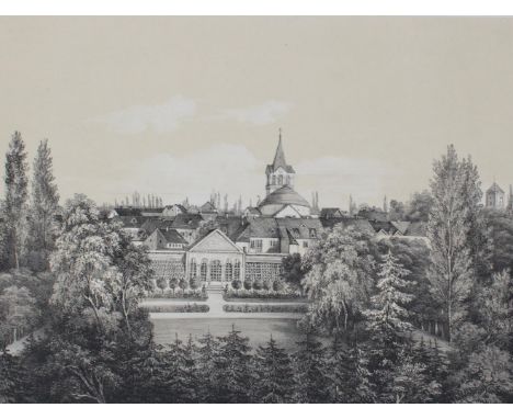 Karlsruhe.: Carlsruhe vom Palais des Prinzessin Auguste von Nassau. Getönte Lithographie v. Frieda von Mülmann, 1846.25,4 x 3