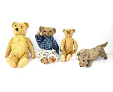 Steiff u.a. Spielzeug.: Paar Teddybären o.Knopf u. Fahne. Blondes Mohair, Druckstimmen oh. Funktion, Sealyham-Terrier, blanke