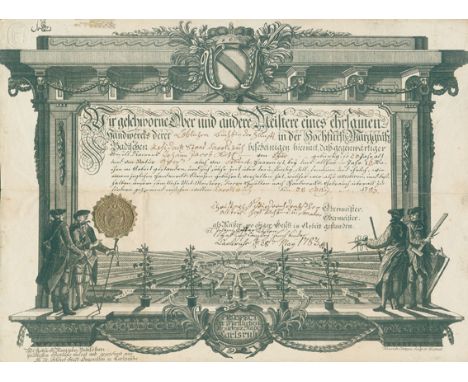 Gesellenbrief.: Ansicht der Fächerstadt. Kundschaft (ausgefüllt) der "Buchbinder". Unten Gesamtansicht (ca. 6 x 25 cm; mit Wa