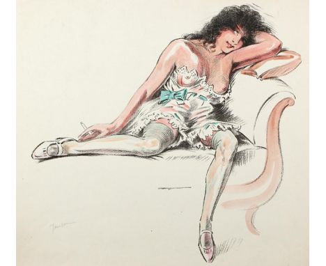 Sammlung: von 5 Bl. mit Boudoirszenen mit Frauen in nachlässiger Spitzenkleidung bei versch. Tätigkeiten. Kolor. Lithographie