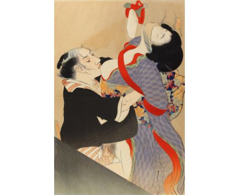 Erotische Szene: mit wallenden Gewändern und Mundbinde. Farbdruck im Stil asiatischer Holzschnitte. 20. Jhdt. Ca. 37 x 25,4 c