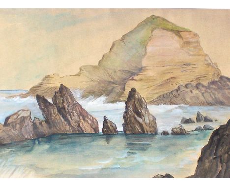 Madeira.: Küstenansicht im Abendrot. 2 Aquarelle von Jutta Hellgrewe, um 1996. Ca. 19,5 x 26,5 bzw. 20 x 29 cm. 1x sign. u. d