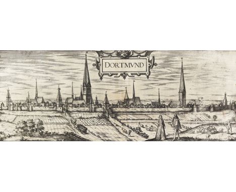 Dortmund.: Gesamtansicht der Stadt. Kupferstich v. Braun/Hogenberg. Qu.-Schm.-Fol. M, Schafherde u. figürl. Staffage im Vorde