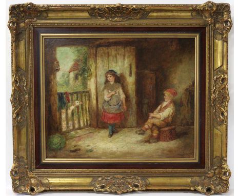 Langlois, Mark William: (1848 Newington, Surrey - 1924 London?). Kinder im Spiel mit einer Gans. Öl auf Leinwand. 46,5 x 57 c