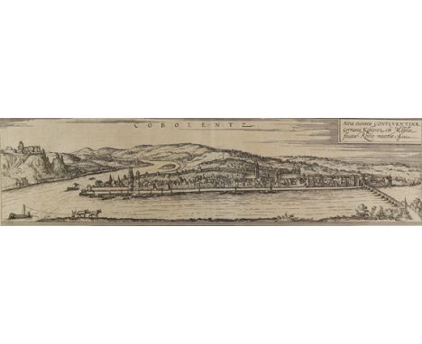 Koblenz.: Coblentz situs civitatis. Kupferstich. BH, um 1580. Im Vordergrund eine von Rossen gezogene Fähre. Bugfalte.   R