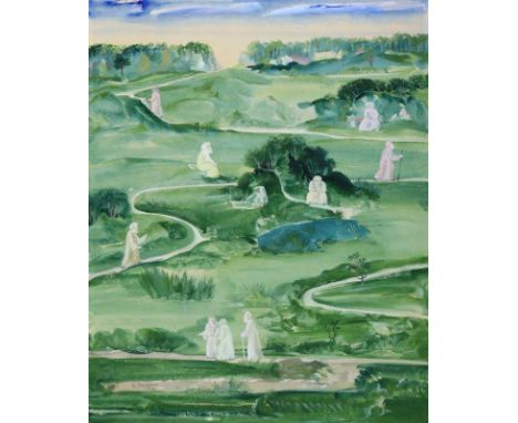 Schaffer, Gustav: (1881 Niederhäslich - Chemnitz 1937). Alte weise Männer (Juden?) in einer weiten, grünen Landschaft. Aquare