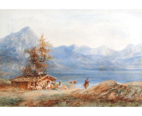 Altmann: (19. Jh.). Bäuerliches Haus an einem See mit Bergpanorama. Aquarell 1857. Blgr. 19 x 27,8 cm. Unt. li. sign. u. dat.