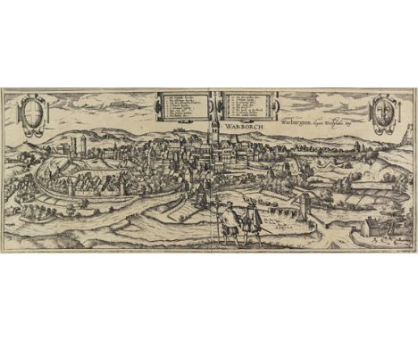 Warburg.: Warborch, Warburgum, elegans Westphallae Opp., Kupferstich. 18 x 47 cm. Braun Hogenberg, um 1590. Im Vordergrund zw
