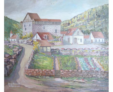 Burg Rabeneck: mit Gemüsegarten und völlig menschenleer. Gemälde in Mischtechnik von Willi Adam Häffelin (1906-1984 Pforzheim