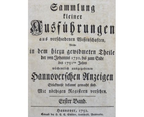 Hannoverische gelehrte Anzeigen.: 34 Bde. Hannover 1750-84. Mit einigen Kupfertafeln. Prgtbde. d. Zt. mit hs. Rtit. (Tls. etw