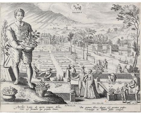 Collaert, Adriaen: (1520 Antwerpen 1618). Aprilis. Der Monat April. Kupferstich nach Joos de Momper. Um 1570. 21 x 26,5 cm. A