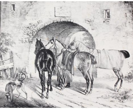 Krüger, Franz: (1797 Großbadegast - Berlin 1857). Drei Pferde am Torweg. Lithographie auf Japanpapier. Um 1825. Gedr. bei C.G