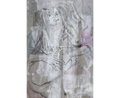 Frauenpaar: sich küssend und mit dem Tod im Spiel. Bleistift und Aquarell-Mischtechnik. 1976. 28,8 x 20 cm. Undeutl. sign. Au