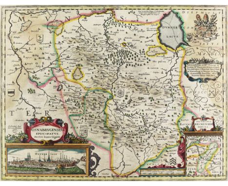 Osnabrück.: Osnabrugensis Episcopatus. Auctore loanne Gigante. Teilkolor. Kupferstichkarte mit teilkolor. kleiner Gesamtansic