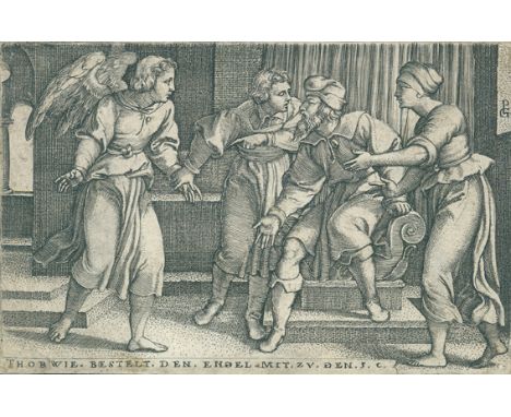 Pencz, Georg: (1500 Nürnberg - Leipzig 1550). Tobias und der Erzengel Raphael. Kupferstich. Um 1543. 6,9 x 10,6 cm. Über den 