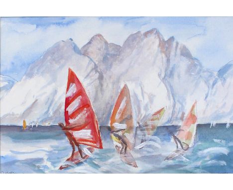 Norditalien.: Windsurfer auf einem See vor Bergkulisse. Aquarell von Jutta Hellgrewe, 1994. Ca. 16 x 23 cm. Unten sign, dat. 