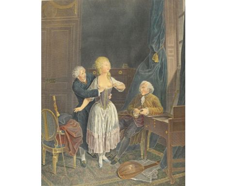 Dennel, Antoine Francois: (Frankreich, ca. 1745 - ca. 1820). Korsett-Anprobe. Kolor. Kupferstich n. P.A.Wille. Plgr. ca. 51,5