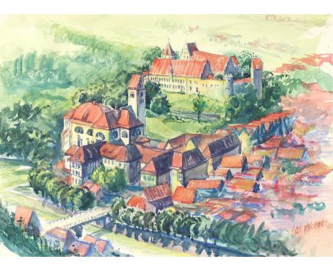 Füssen.: Aquarell. 1953. 26 x 35,5 cm. Sign. Lutz Brehm 52.  ╔Dabei: Zähringen. Ansicht der Ruine.╗ Aquatintarad. nach Follen