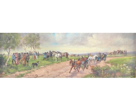 Hemmrich, Georg: (1874 Würzburg - München 1939). Pferdemarkt mit zwei Kutschen und zahlreichen Personen. Öl auf Karton unten 