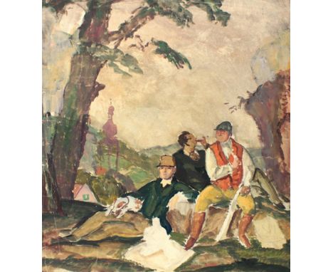 Hagel, Alfred: (1898 Wien 1945) zugeschrieben. Picknick im Freien. Drei Männer, davon einer mit Rotweinglas, u. ein Hund. Aqu