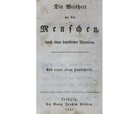 (Dodsley,R.).: Die Weisheit an die Menschen. Durch einen begeisterten Braminen. Aus einer alten Handschrift. (Aus dem Englisc