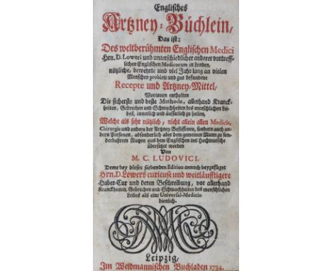 Englisches Artzney-Büchlein.: 3 Tle. in 1 Bd. Lpz., Weidmann 1723-34. Mit 1 gest. Portrait-Front. Hprgt. d. Zt. (Berieb.).  W