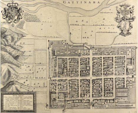 Gattinara.: Planansicht. Kupferstich bei Blaeu, um 1680. 49,5 x 59 cm. In der li. ob. Ecken Wappen, ob. re. fig.-herald. Kart