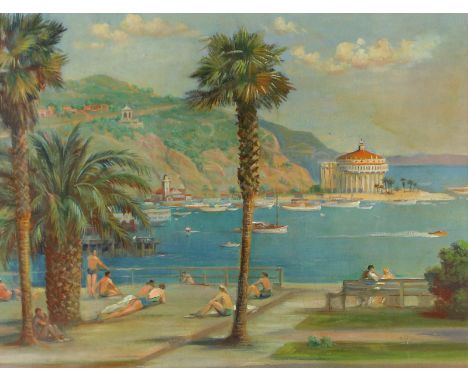 Santa Catalina Island.: Badende in der Bucht von Avalon auf Santa Catalina Island, California. Öl auf Leinwand, auf Karton ka