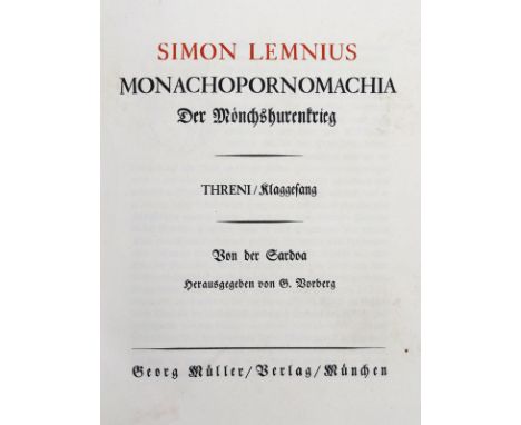 Lemnius,S.: Monachopornomachia. Der Mönchshurenkrieg... Mchn., G. Müller (1919). 4°. Mit 3 sign. Portrait-Holzschn. v. O. Wir