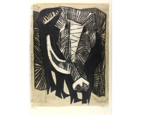 Unbekannter Künstler.: Abstrakter Elefant. Handgedruckte Radierung (19/100). 1955. 55,5 x 53,5 cm. Sig. u. dat.  ╔Dabei:╗ 3 a