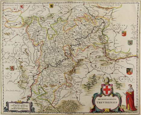 Trier.: Archiepiscopatus Trevirensis. Altkolor. Kupferstichkarte mit altkolor. Wappenkartusche und Figur sowie 6 altkolor. Wa