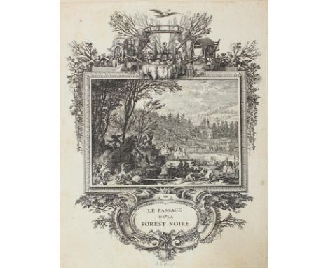 Leclerc, Sébastien I: (1637 Metz - Paris 1714). 4 Kupferstiche mit aufwändigen figürlichen und militärischen Kartuschen. Daru