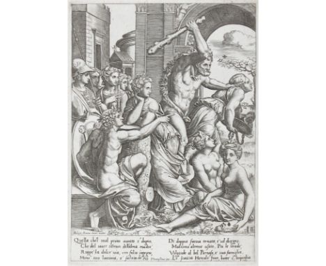 Meister B mit dem Würfel: (1530-1560 in Rom tätig). Der Neid wird aus dem Tempel gejagt. Kupferstich. 25,5 x 18,5 cm.   R