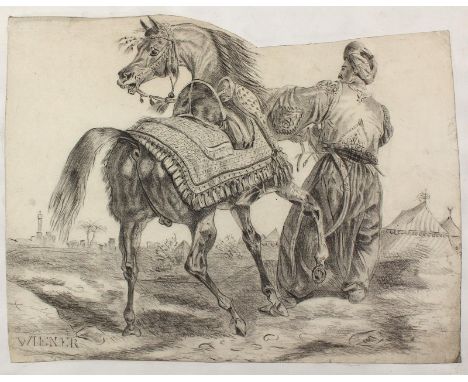 Wien.: Wiener. Osmanischer Herrscher mit scheuendem Pferd vor Zelten zur Zeit der osmanischen Belagerungen Wiens. Kohlezeichn