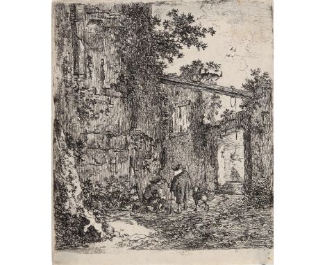 Kobell, Hendrik: (1751 Rotterdam 1779). Überwucherte Ruinen, im Vordergrund zwei Männer mit Hund. Radierung auf Bütten. Blgr.
