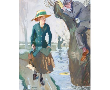 Götz, Ferdinand: (1874 Fürth - Paris 1941). Ein Mann sitzt bei Hochwasser auf einer Weide u. spricht mit einer jungen Frau au