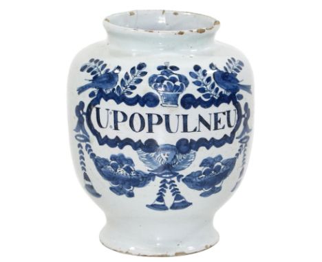 Albarello Delft Hendrik: van Hoorn zugesch. Seltenes Alborello mit geflügeltem Engelskopf, Vase mit Blumen Zweigen u. Vögeln.