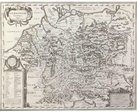 Germaniae veteris typus.: Kupferstichkarte von A. Ortelius, dat. 1587. Mit 3 Rollwerkskartuschen. Qu.Fol. - Etw. gebräunt, le