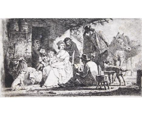 Demarne, Jean-Louis: (1754 Brüssel - Battignolles 1829). Auf dem Boden sitzender Mann liest Frauen und Kindern etwas vor. Rad