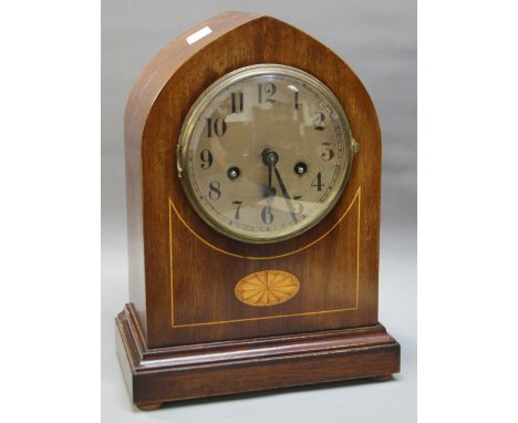 Mahogany cased mantle clock of arched form inlaid with satinwood the dial having Arabic numerals  CONDITION REPORT; Approxima