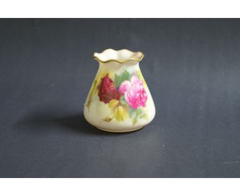 Royal Worcester; small fluted rim vase with rose decoration, signed ES Pilsbury CONDITION REPORT; Light surface wear througho