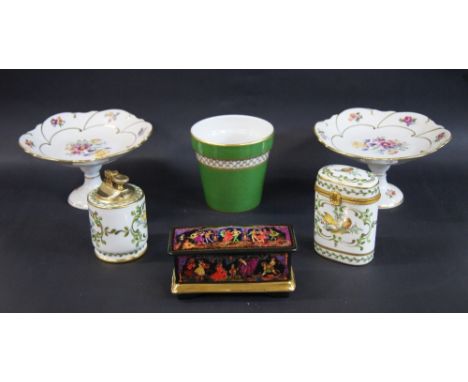 Ceramic music box, Limoges lighter and a Vesta match case, two ceramic Tazzas and a Limoges plant pot